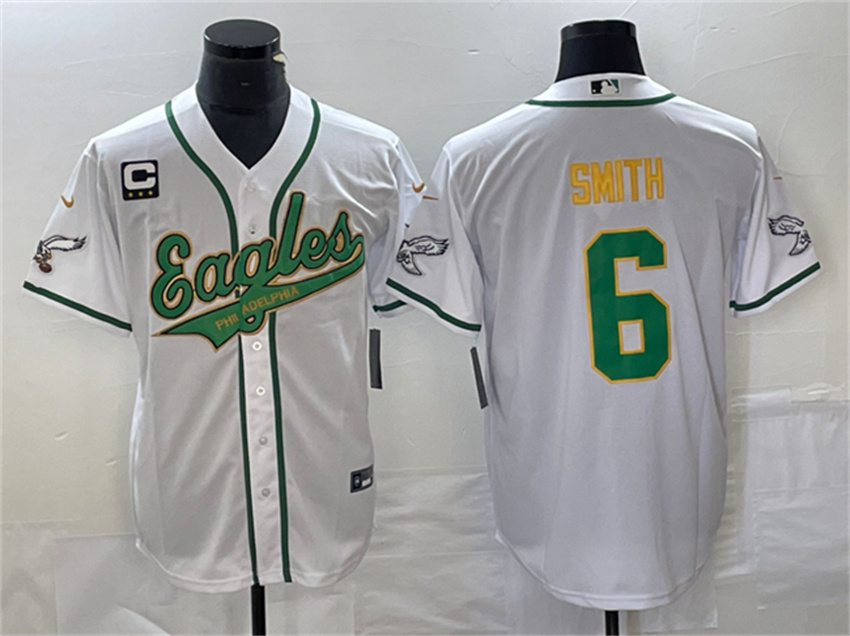 Men's White Gold Philadelphia Eagles #6 DeVonta Smith With C Patch Cool Base Stitched Baseball Jersey